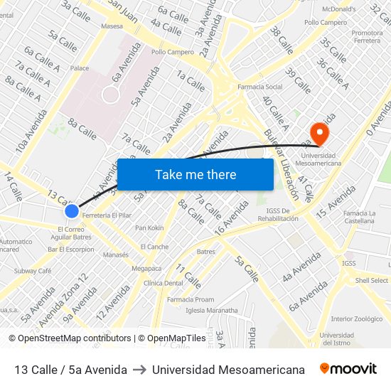 13 Calle / 5a Avenida to Universidad Mesoamericana map