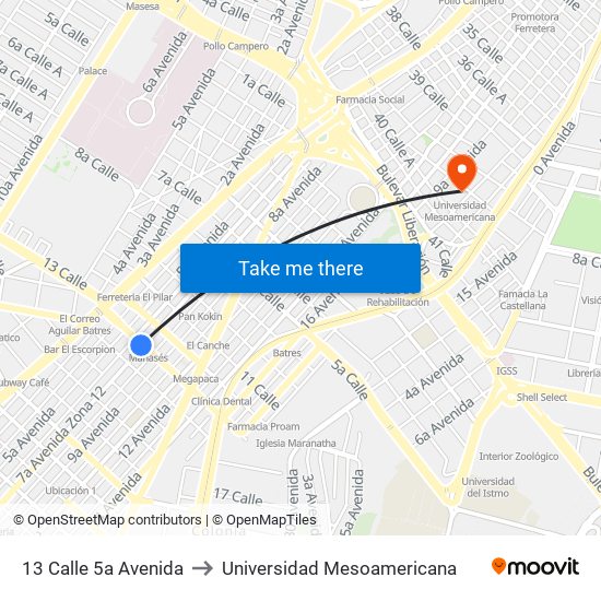 13 Calle 5a Avenida to Universidad Mesoamericana map