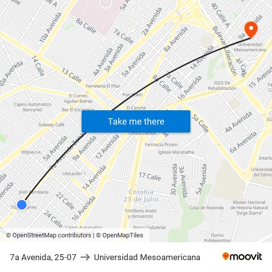 7a Avenida, 25-07 to Universidad Mesoamericana map