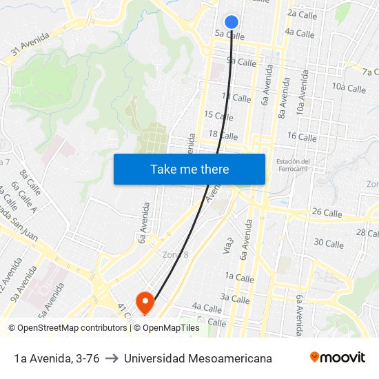 1a Avenida, 3-76 to Universidad Mesoamericana map