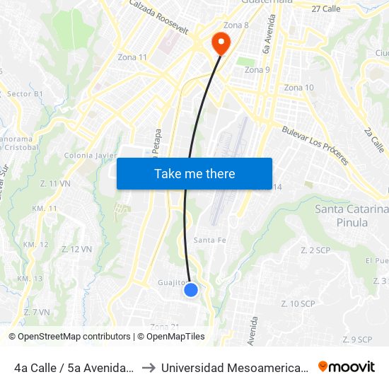 4a Calle / 5a Avenida B to Universidad Mesoamericana map