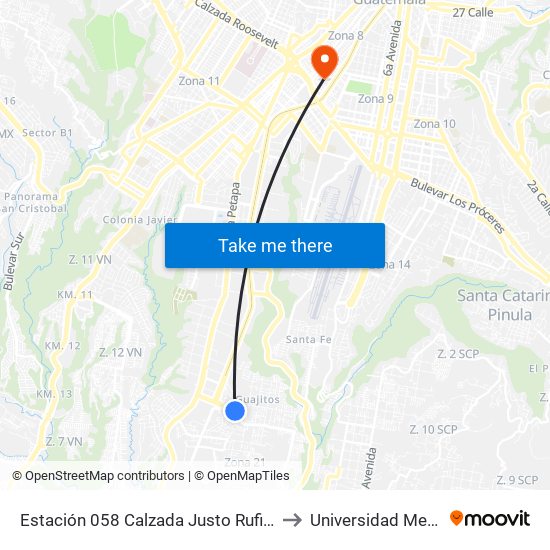 Estación 058 Calzada Justo Rufino Barrios Y 1 Av. Z.21 to Universidad Mesoamericana map