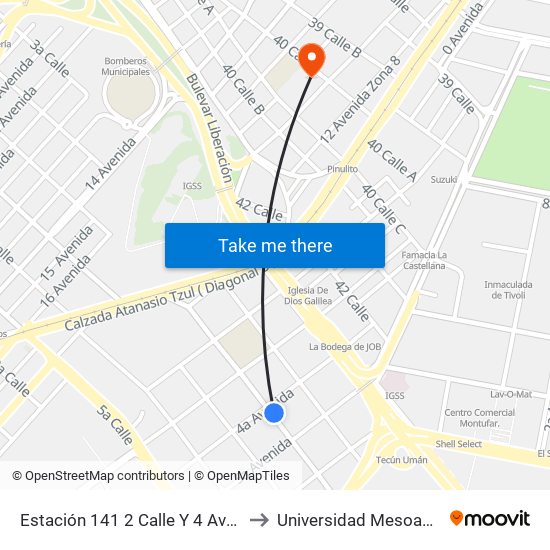 Estación 141 2 Calle Y 4 Avenida Z. 13 to Universidad Mesoamericana map