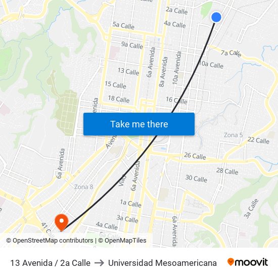 13 Avenida / 2a Calle to Universidad Mesoamericana map
