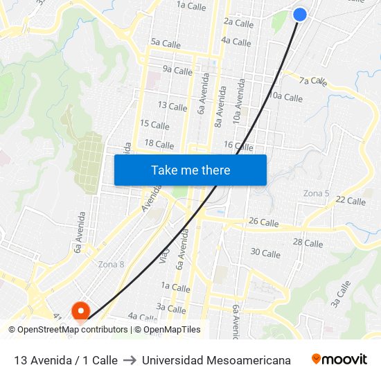 13 Avenida / 1 Calle to Universidad Mesoamericana map