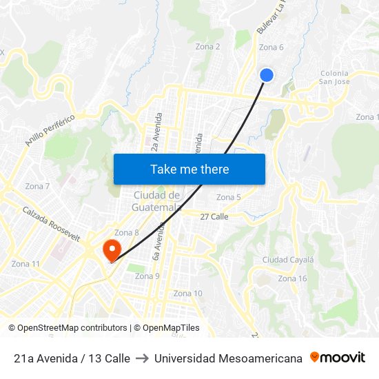 21a Avenida / 13 Calle to Universidad Mesoamericana map