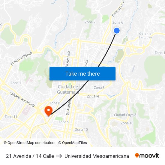 21 Avenida / 14 Calle to Universidad Mesoamericana map