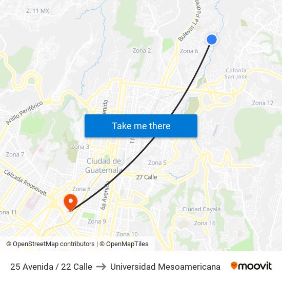 25 Avenida / 22 Calle to Universidad Mesoamericana map