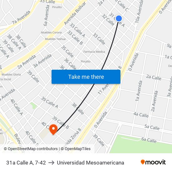 31a Calle A, 7-42 to Universidad Mesoamericana map