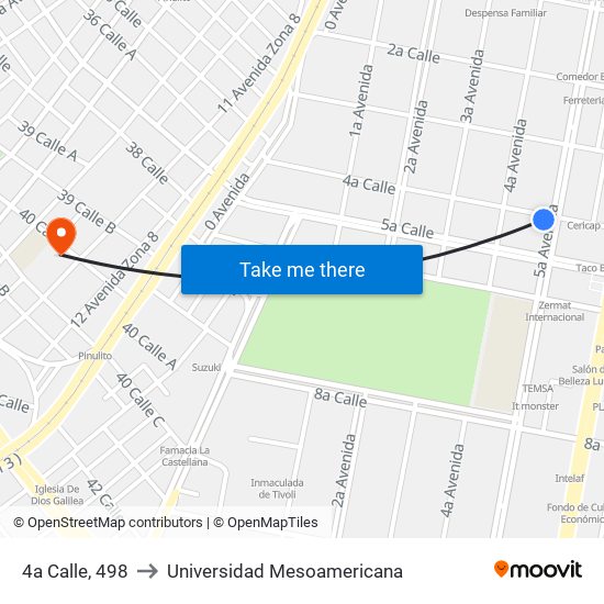 4a Calle, 498 to Universidad Mesoamericana map