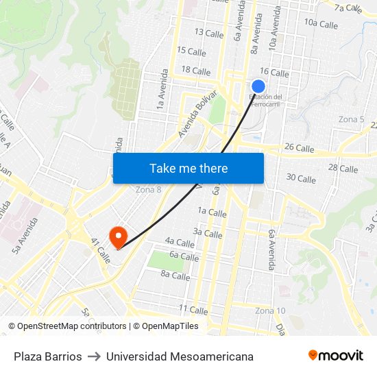 Plaza Barrios to Universidad Mesoamericana map