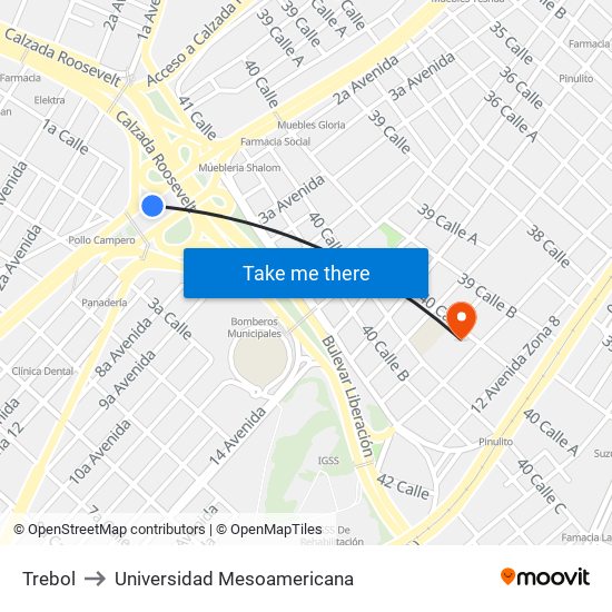 Trebol to Universidad Mesoamericana map