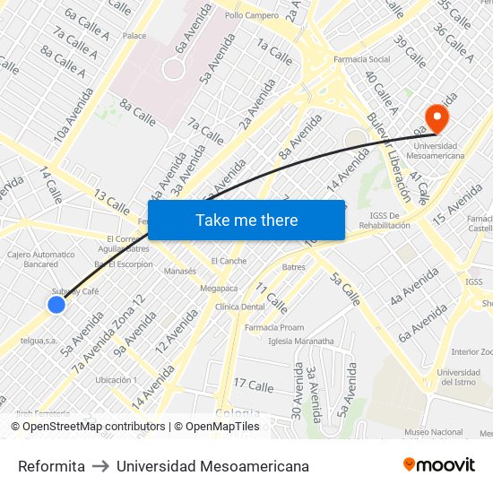 Reformita to Universidad Mesoamericana map