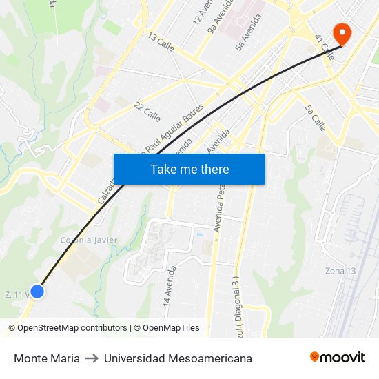 Monte Maria to Universidad Mesoamericana map