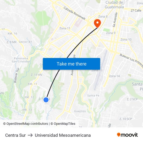 Centra Sur to Universidad Mesoamericana map