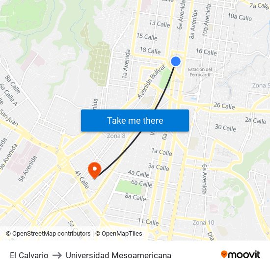 El Calvario to Universidad Mesoamericana map