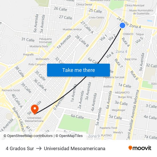 4 Grados Sur to Universidad Mesoamericana map