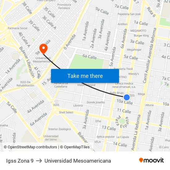 Igss Zona 9 to Universidad Mesoamericana map