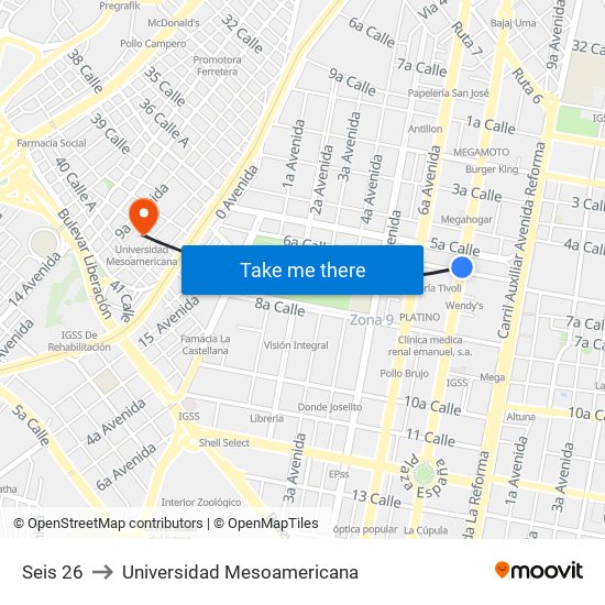 Seis 26 to Universidad Mesoamericana map