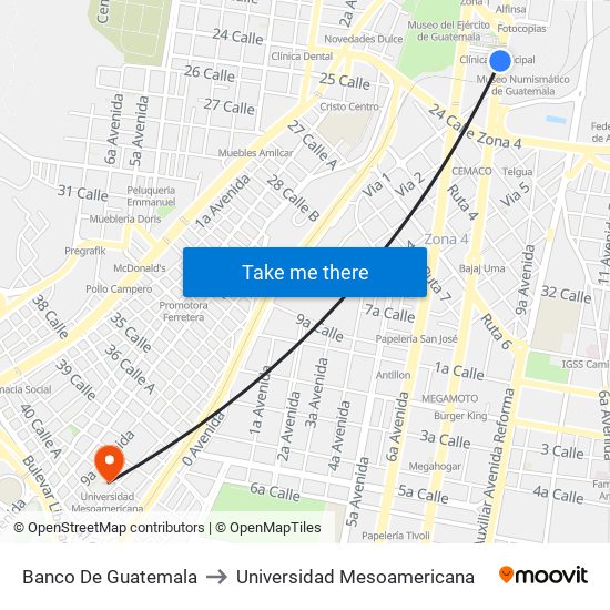 Banco De Guatemala to Universidad Mesoamericana map