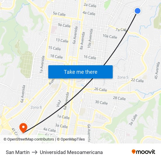 San Martín to Universidad Mesoamericana map