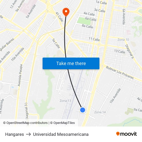 Hangares to Universidad Mesoamericana map