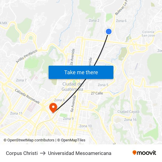 Corpus Christi to Universidad Mesoamericana map