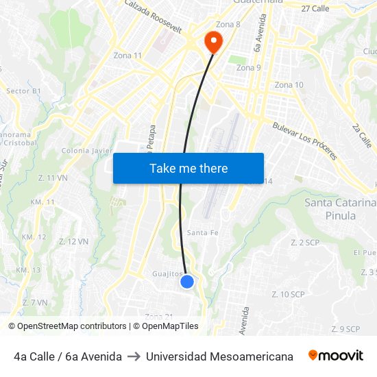 4a Calle / 6a Avenida to Universidad Mesoamericana map