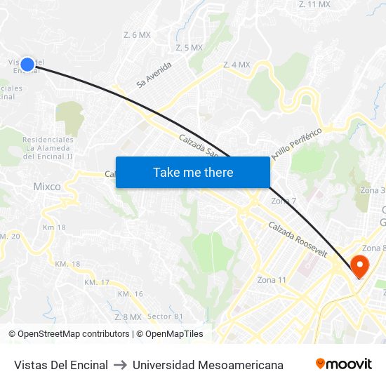 Vistas Del Encinal to Universidad Mesoamericana map