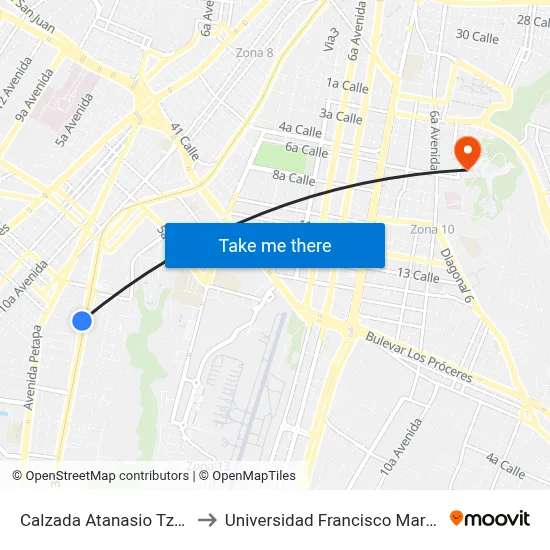 Calzada Atanasio Tzul, 26 to Universidad Francisco Marroquin map