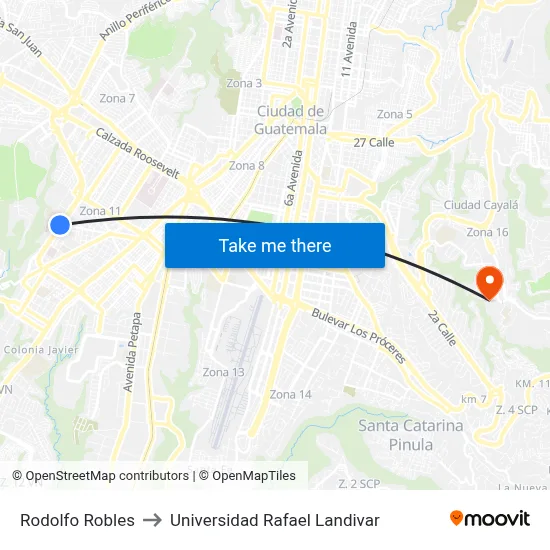 Rodolfo Robles to Universidad Rafael Landivar map