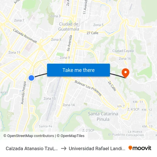 Calzada Atanasio Tzul, 26 to Universidad Rafael Landivar map