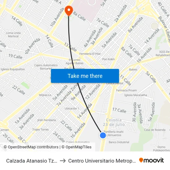 Calzada Atanasio Tzul, 26 to Centro Universitario Metropolitano map
