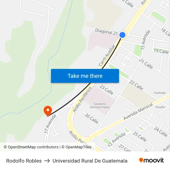Rodolfo Robles to Universidad Rural De Guatemala map