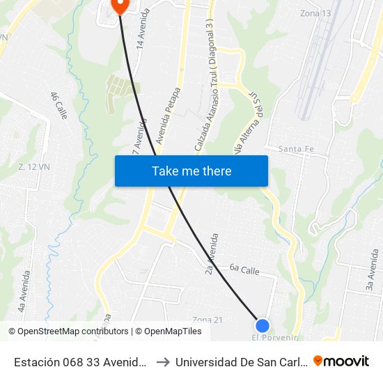 Estación 068 33 Avenida 11 Calle Zona 21 to Universidad De San Carlos De Guatemala map