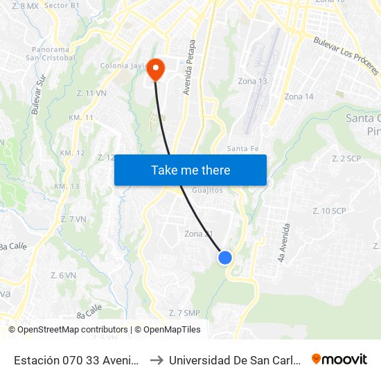 Estación 070 33 Avenida Final Zona 21 to Universidad De San Carlos De Guatemala map