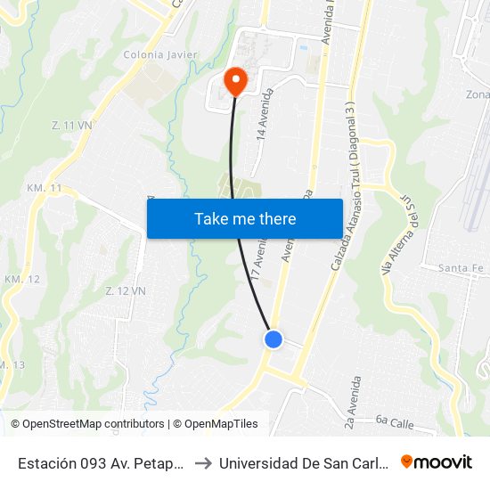 Estación 093 Av. Petapa Y 53 Calle Z.12 to Universidad De San Carlos De Guatemala map