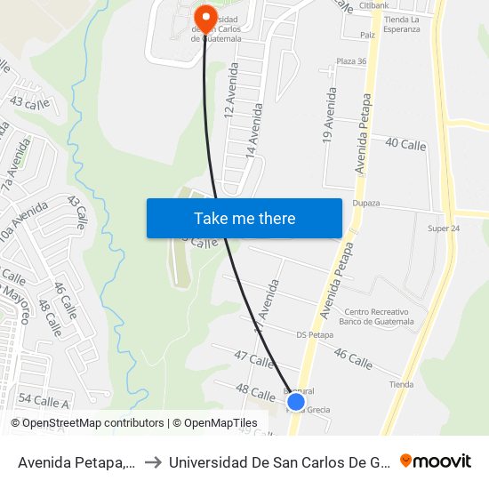Avenida Petapa, 4736 to Universidad De San Carlos De Guatemala map