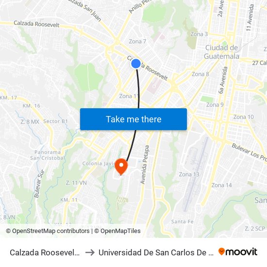 Calzada Roosevelt, 18-23 to Universidad De San Carlos De Guatemala map