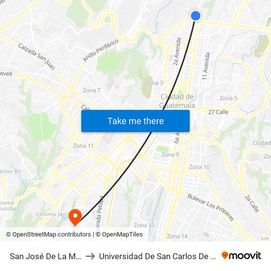 San José De La Montaña to Universidad De San Carlos De Guatemala map