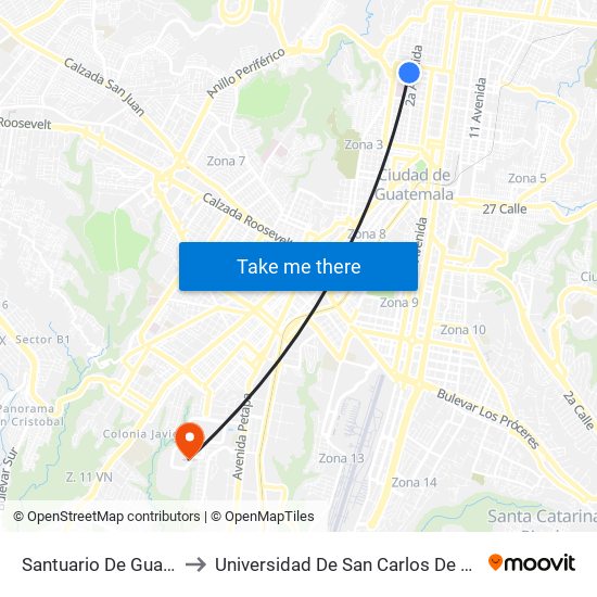 Santuario De Guadalupe to Universidad De San Carlos De Guatemala map