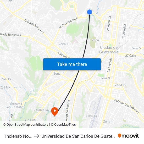 Incienso Norte to Universidad De San Carlos De Guatemala map