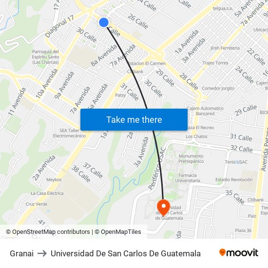 Granai to Universidad De San Carlos De Guatemala map