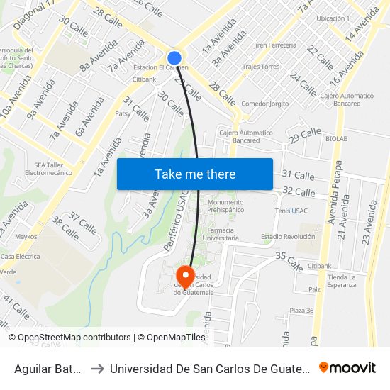 Aguilar Batres to Universidad De San Carlos De Guatemala map