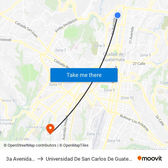 3a Avenida, 1 to Universidad De San Carlos De Guatemala map