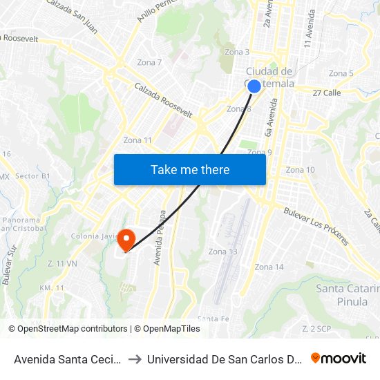 Avenida Santa Cecilia, 27-41 to Universidad De San Carlos De Guatemala map