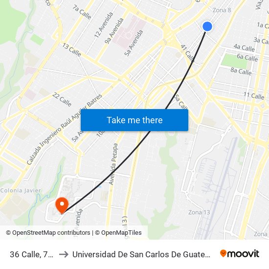 36 Calle, 740 to Universidad De San Carlos De Guatemala map