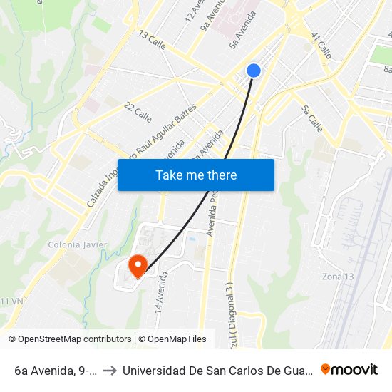 6a Avenida, 9-13a to Universidad De San Carlos De Guatemala map