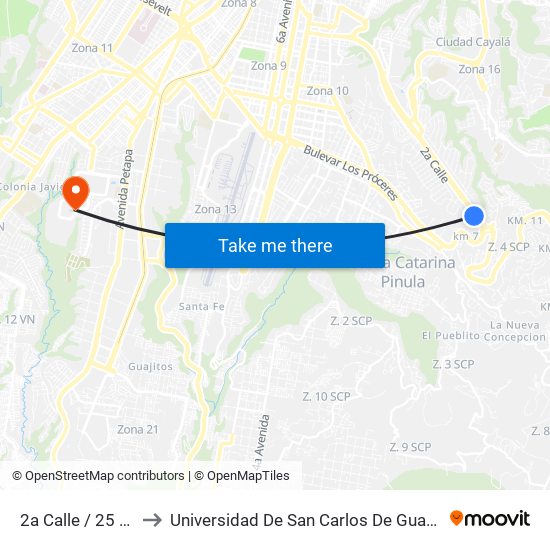 2a Calle / 25 Ave. to Universidad De San Carlos De Guatemala map