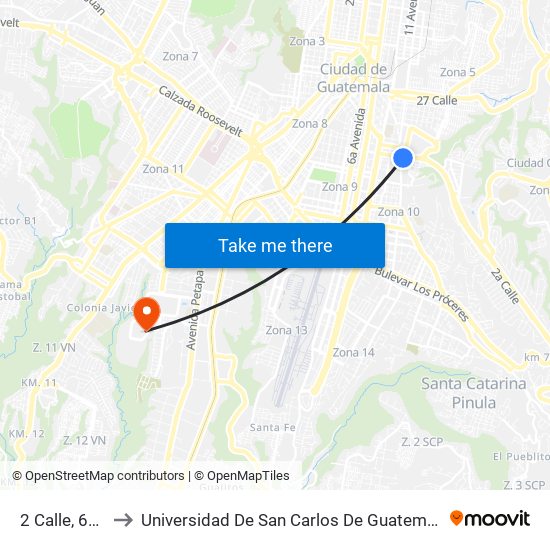 2 Calle, 624 to Universidad De San Carlos De Guatemala map